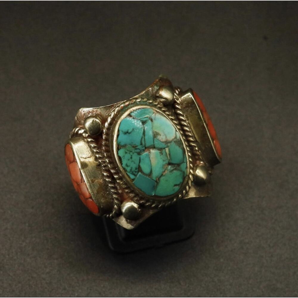 Antique Natural Old Turquoise & Coral Handmade Tibetan Ring Size 11